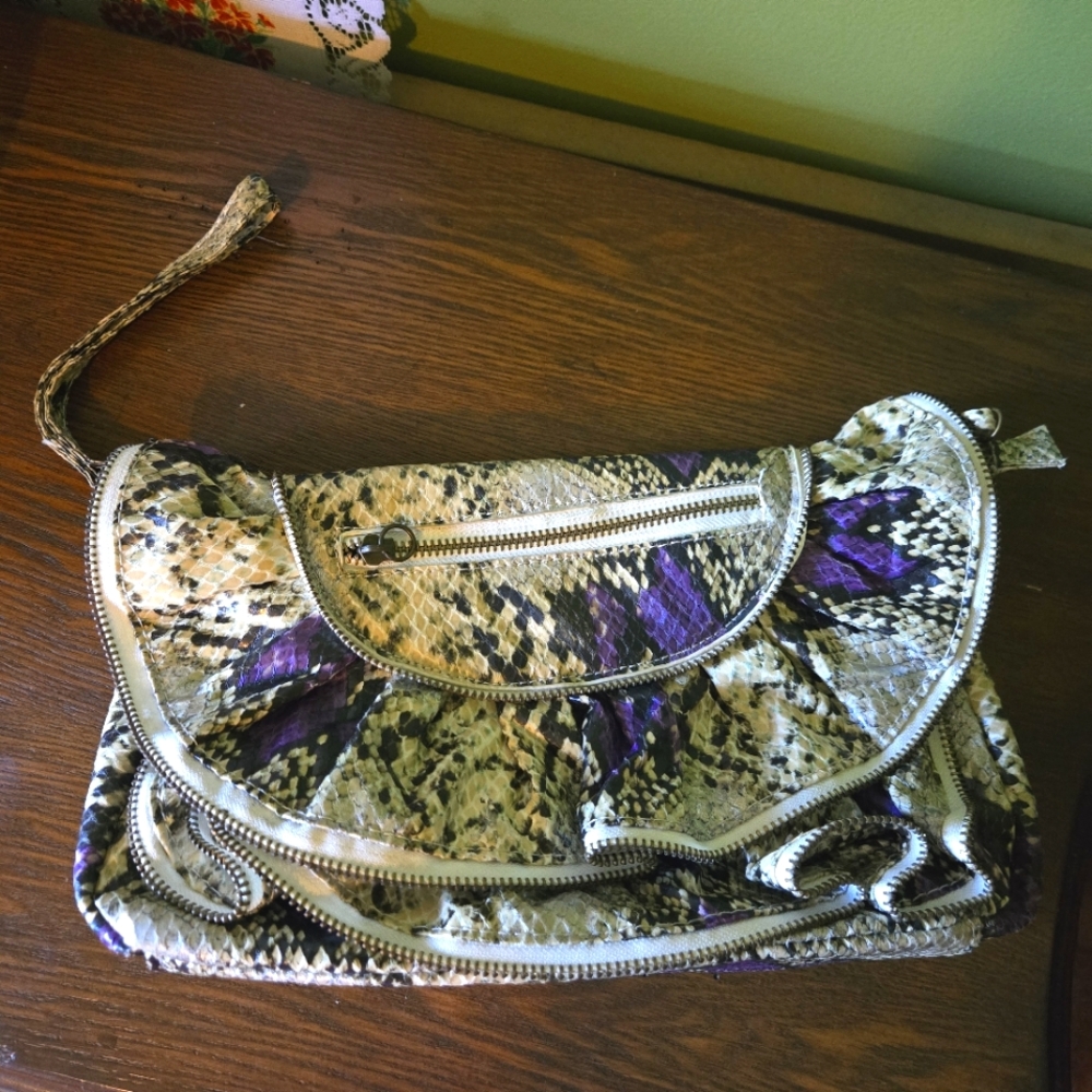 Dollhouse Purple Snakeskin Zipper Accent Wristlet Or Clutch